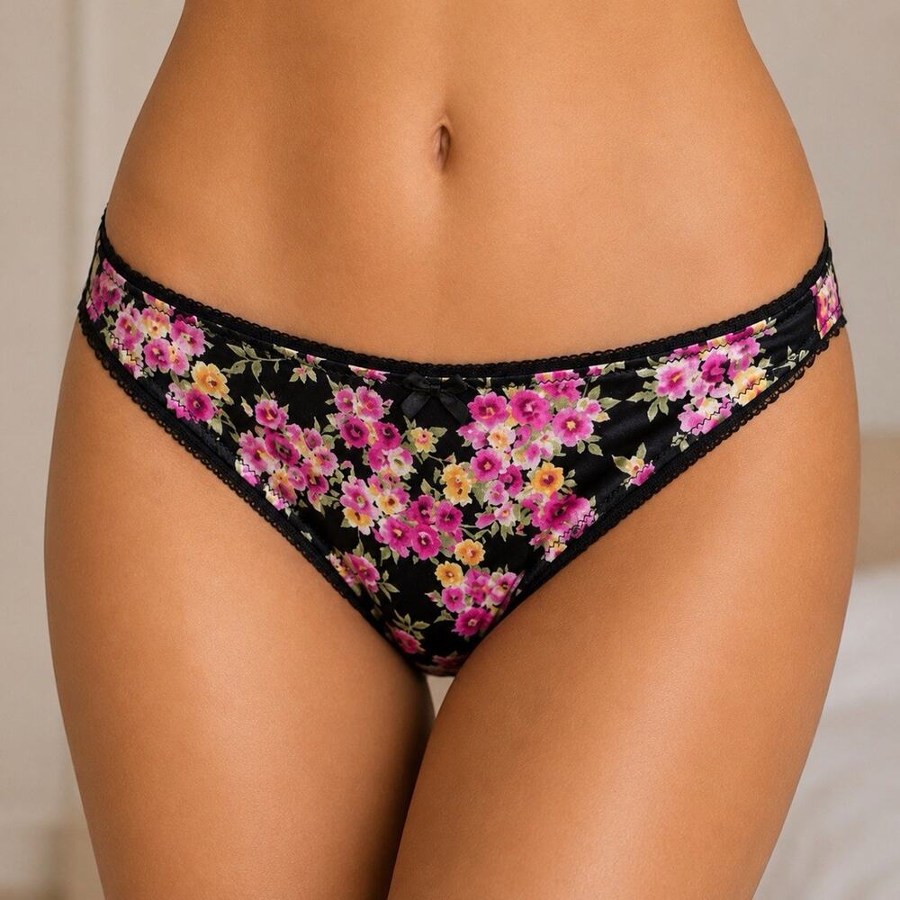 Dolce & Gabbana Floral Bikini Panties Black Pink Rose Print Italy Size IV L NWT